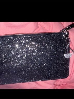 Coach Black Zip Wristlet with Silver Hardware, Star Glitter